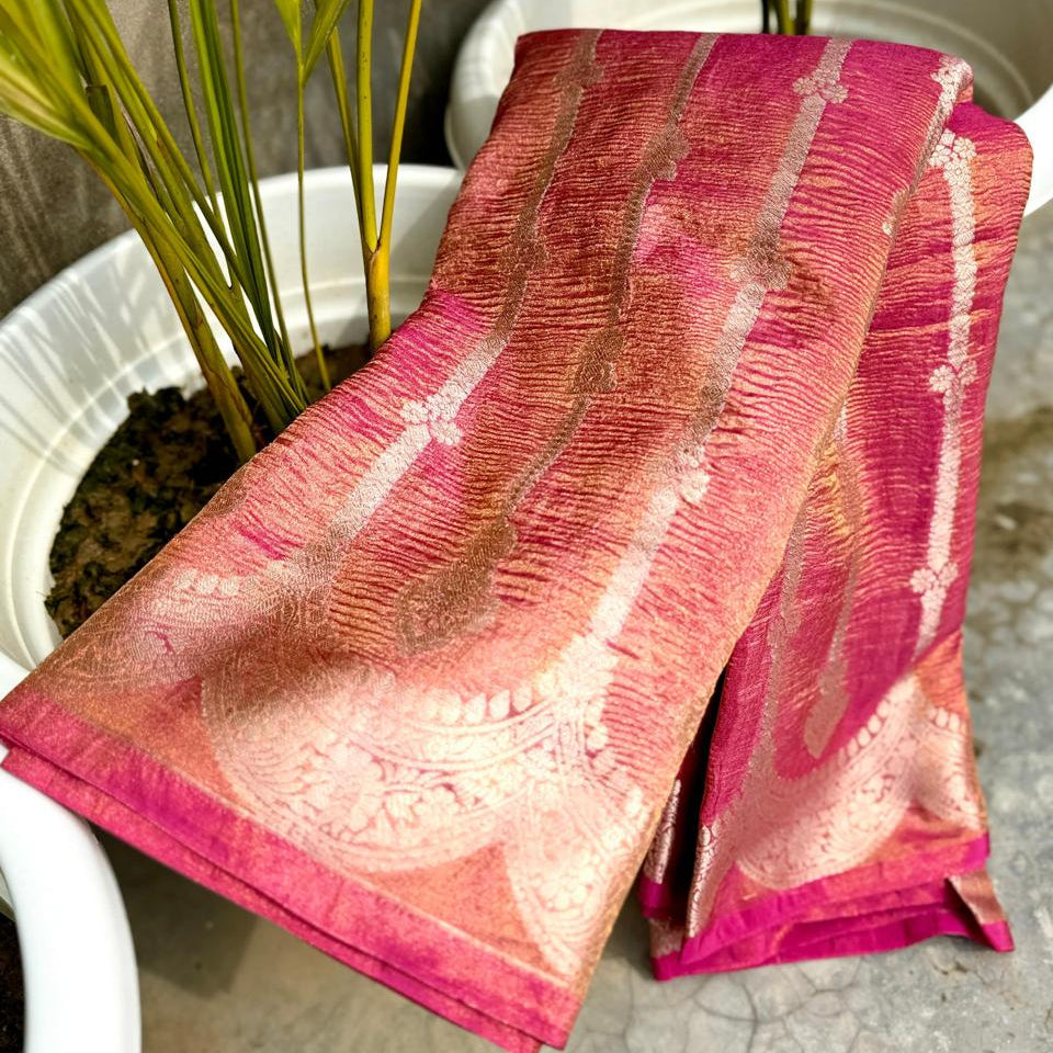 Pink Banarasi Crush Tissue Silk Saree - Alna Apparels