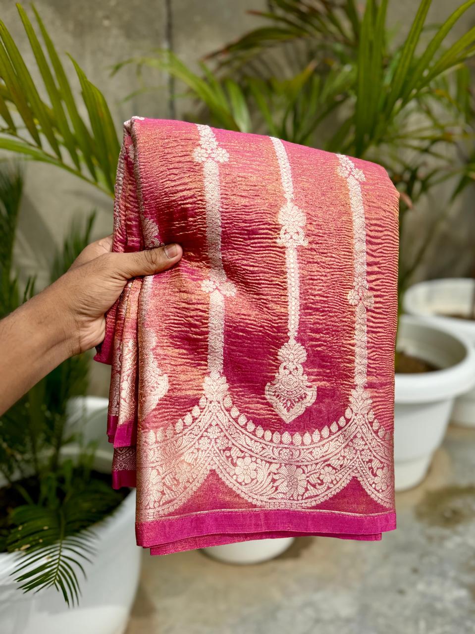 Pink Banarasi Crush Tissue Silk Saree - Alna Apparels
