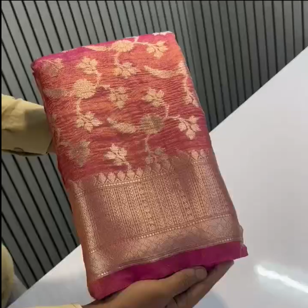 Pink Banarasi Crush Tissue Silk Saree - Alna Apparels