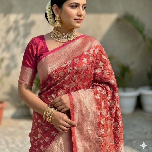 Pink Banarasi Crush Tissue Silk Saree Alna Apparels