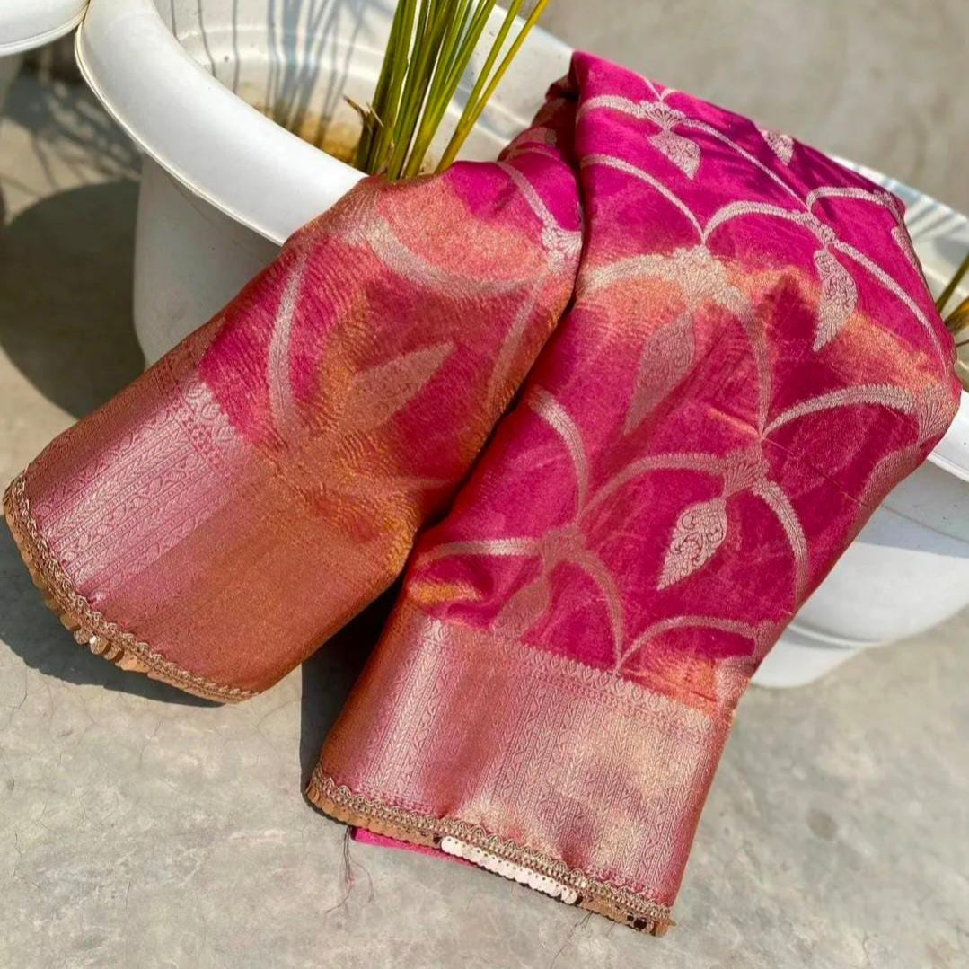 Pink Banarasi Crushed Tissue Silk Saree With Lace - Alna Apparels
