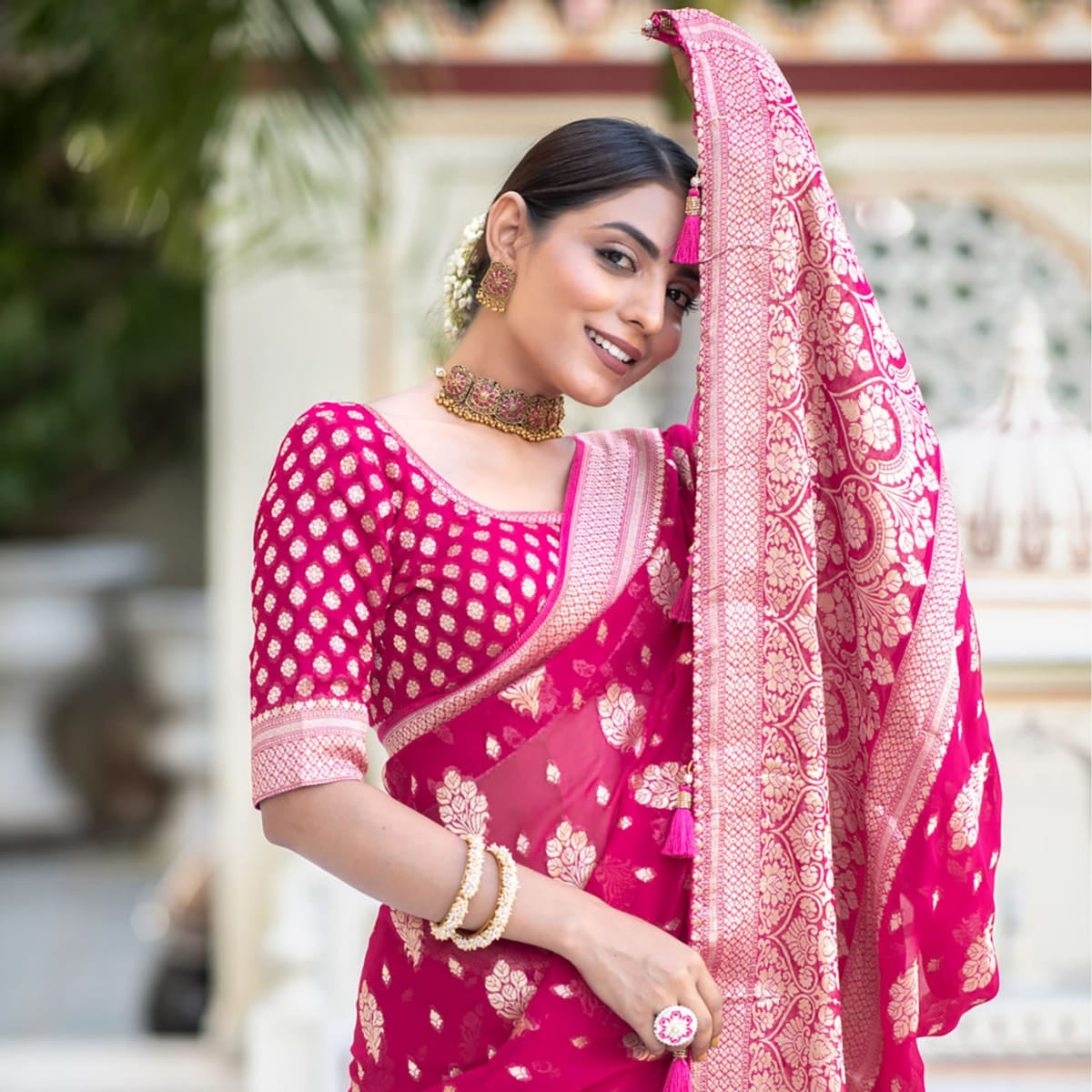 Pink Banarasi Georgette Saree - Alna Apparels