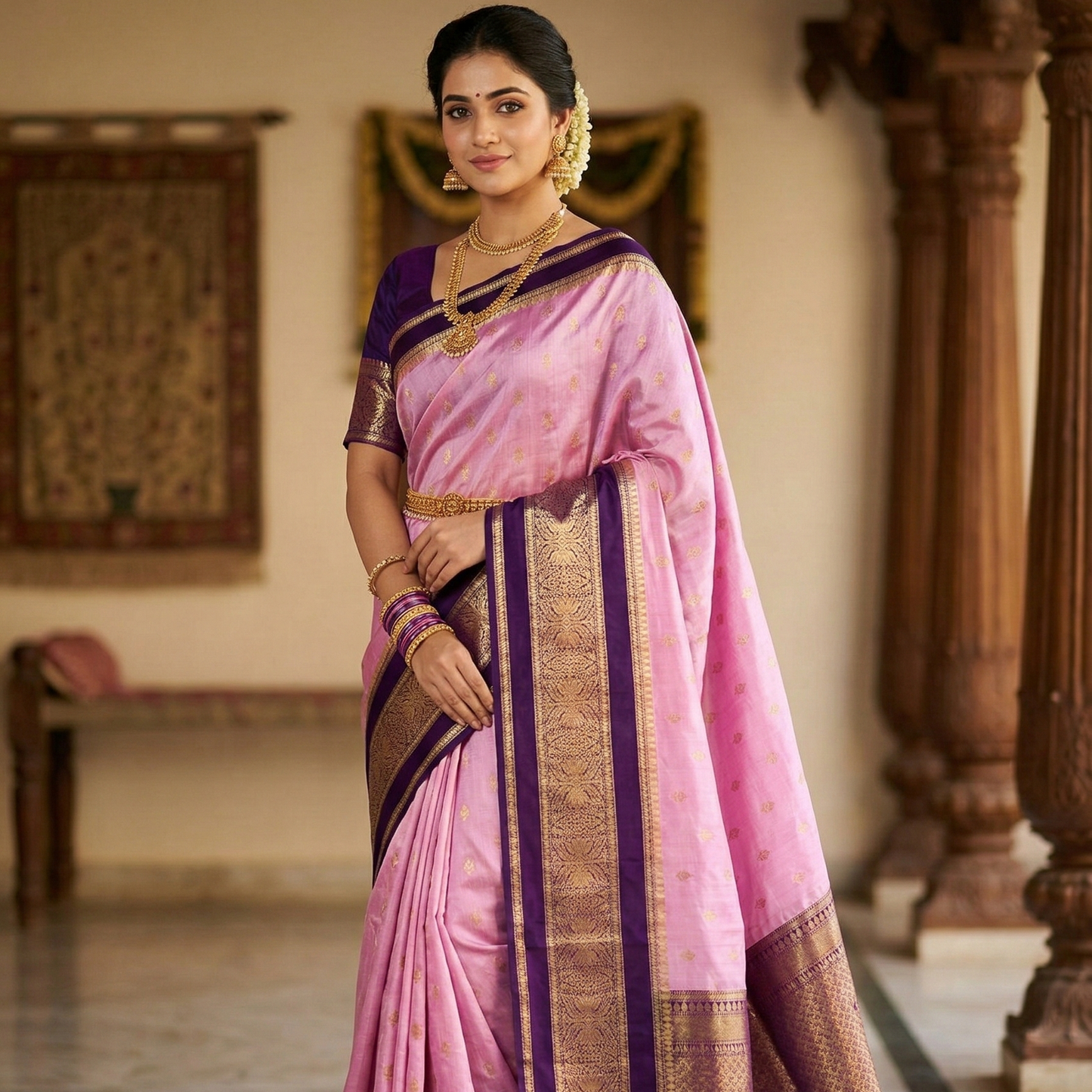 Pink Banarasi Kathan Dupion Silk Saree Alna Apparels