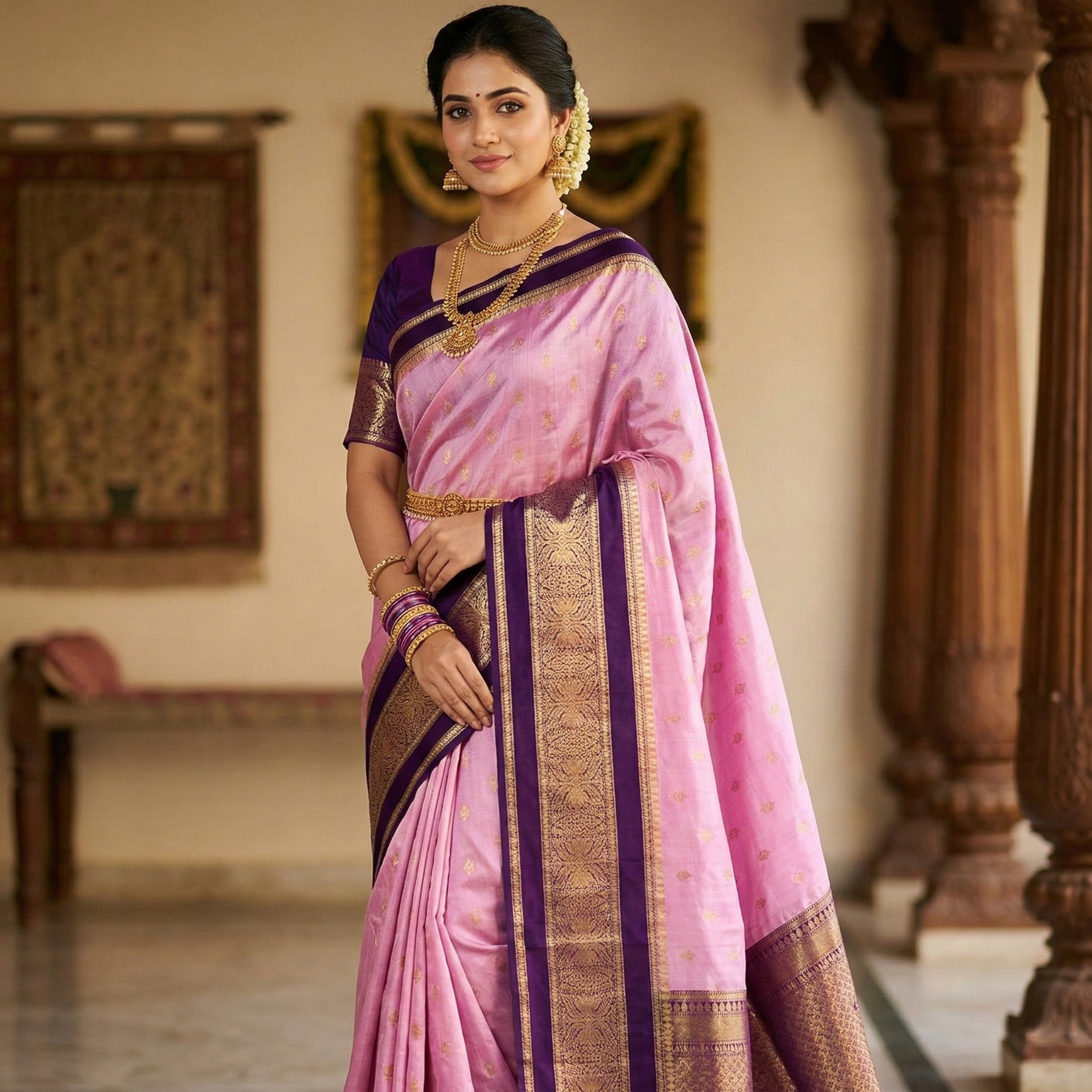 Pink Banarasi Kathan Dupion Silk Saree Alna Apparels