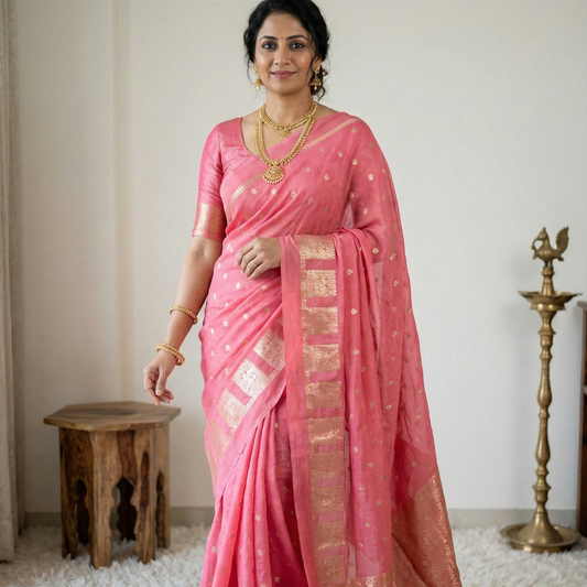 Pink Banarasi Kathan Georgette Silk Saree Alna Apparels