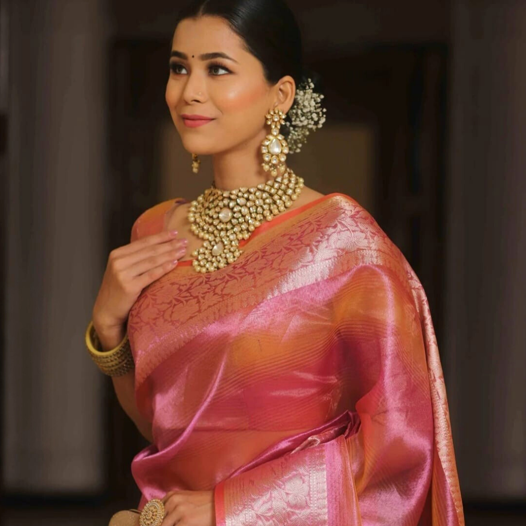 Pink Banarasi Tissue Silk Saree