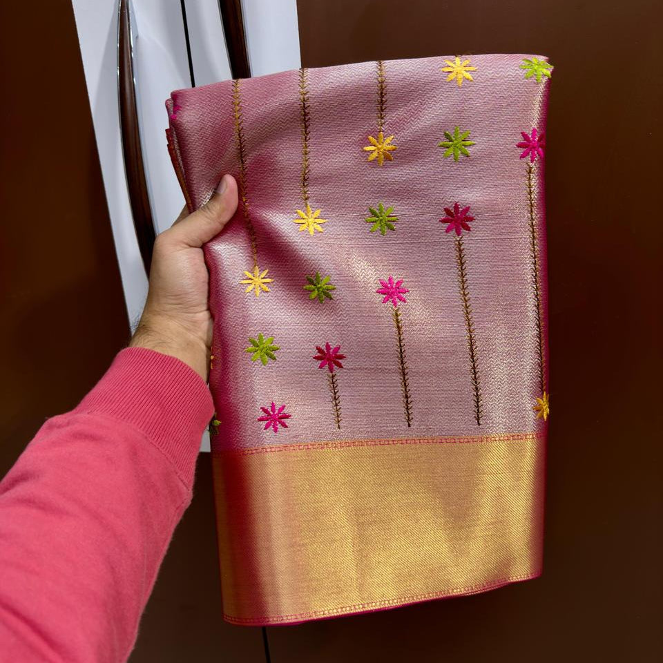 Pink Banarasi Tissue Silk Saree Alna Apparels