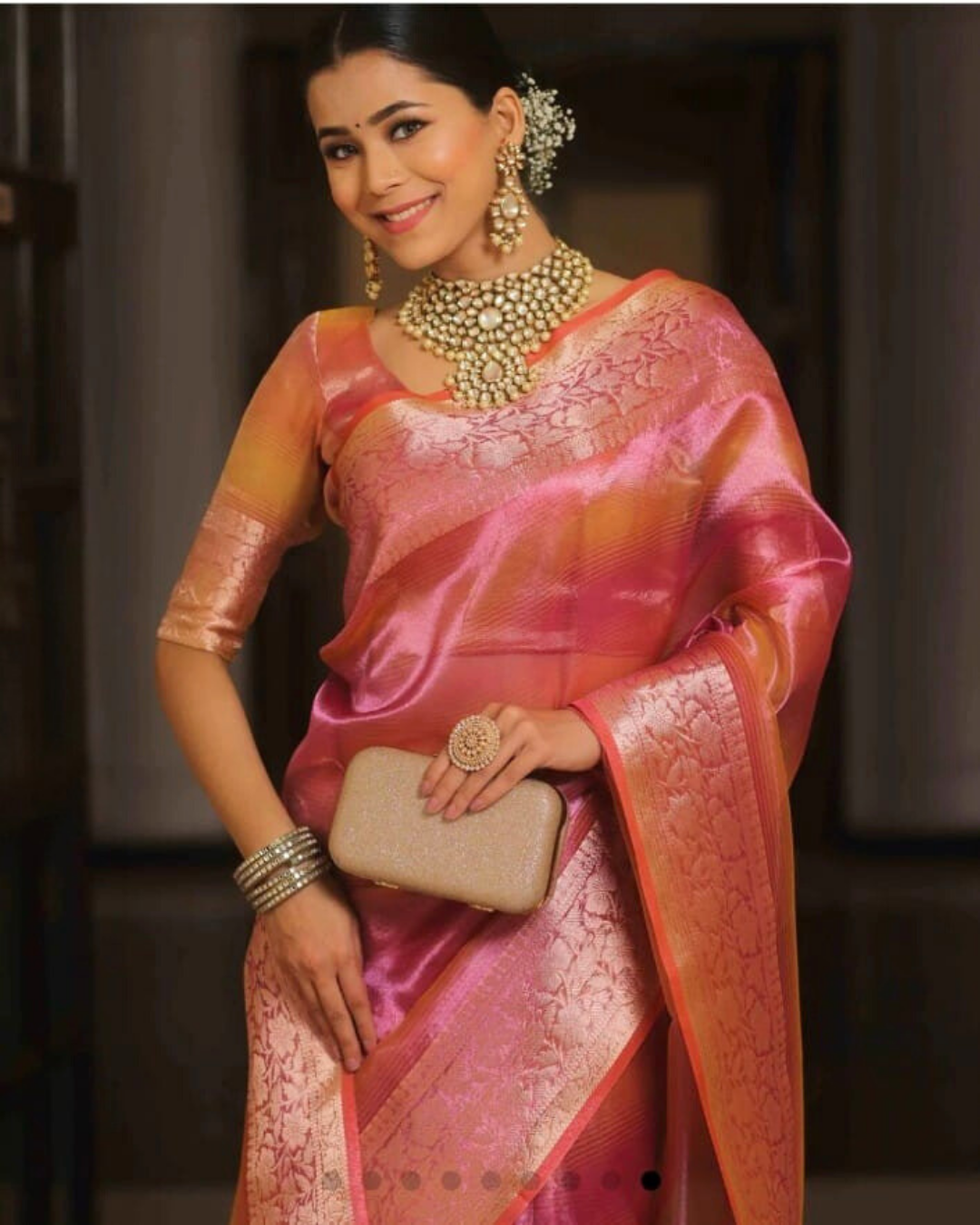 Pink Banarasi Tissue Silk Saree