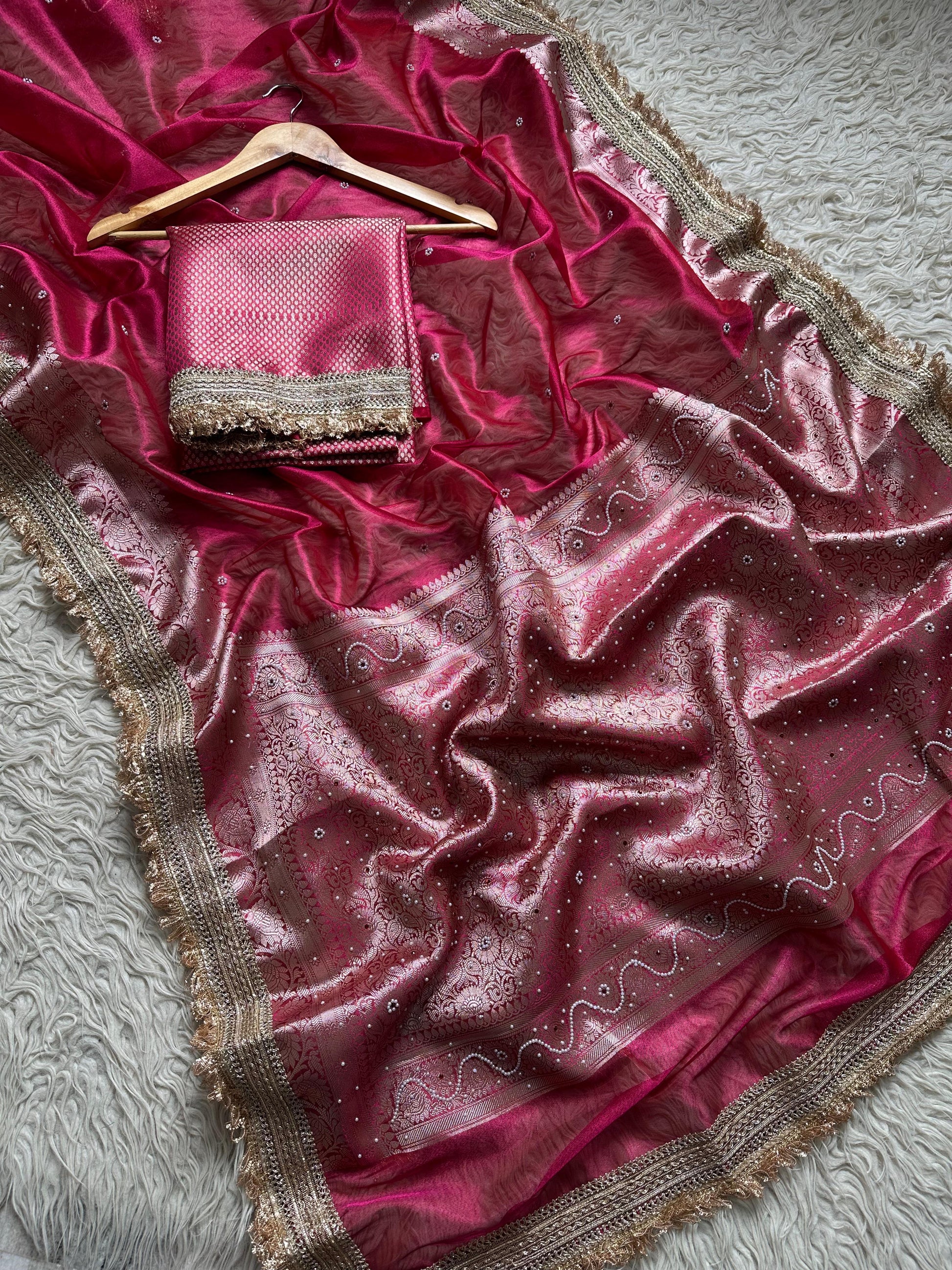 Pink Banarasi Tissue Silk Saree Classy Stone Work With Lace - Alna Apparels