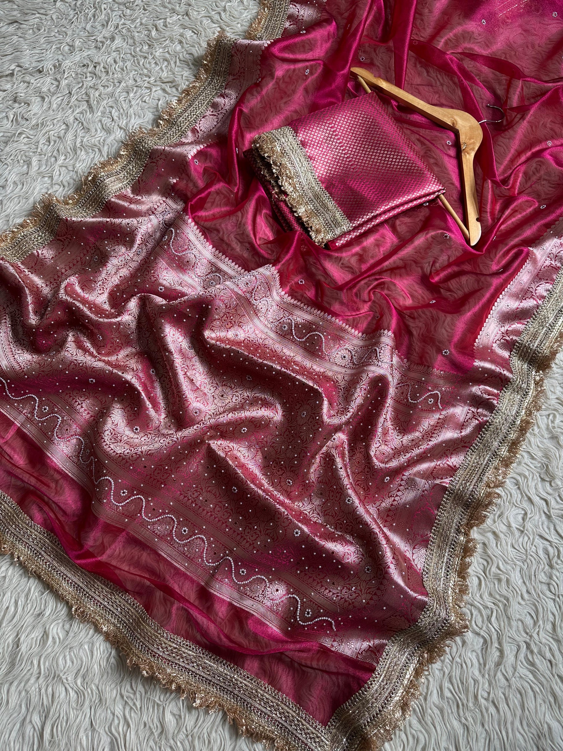 Pink Banarasi Tissue Silk Saree Classy Stone Work With Lace - Alna Apparels