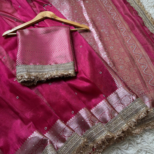Pink Banarasi Tissue Silk Saree Classy Stone Work With Lace Alna Apparels
