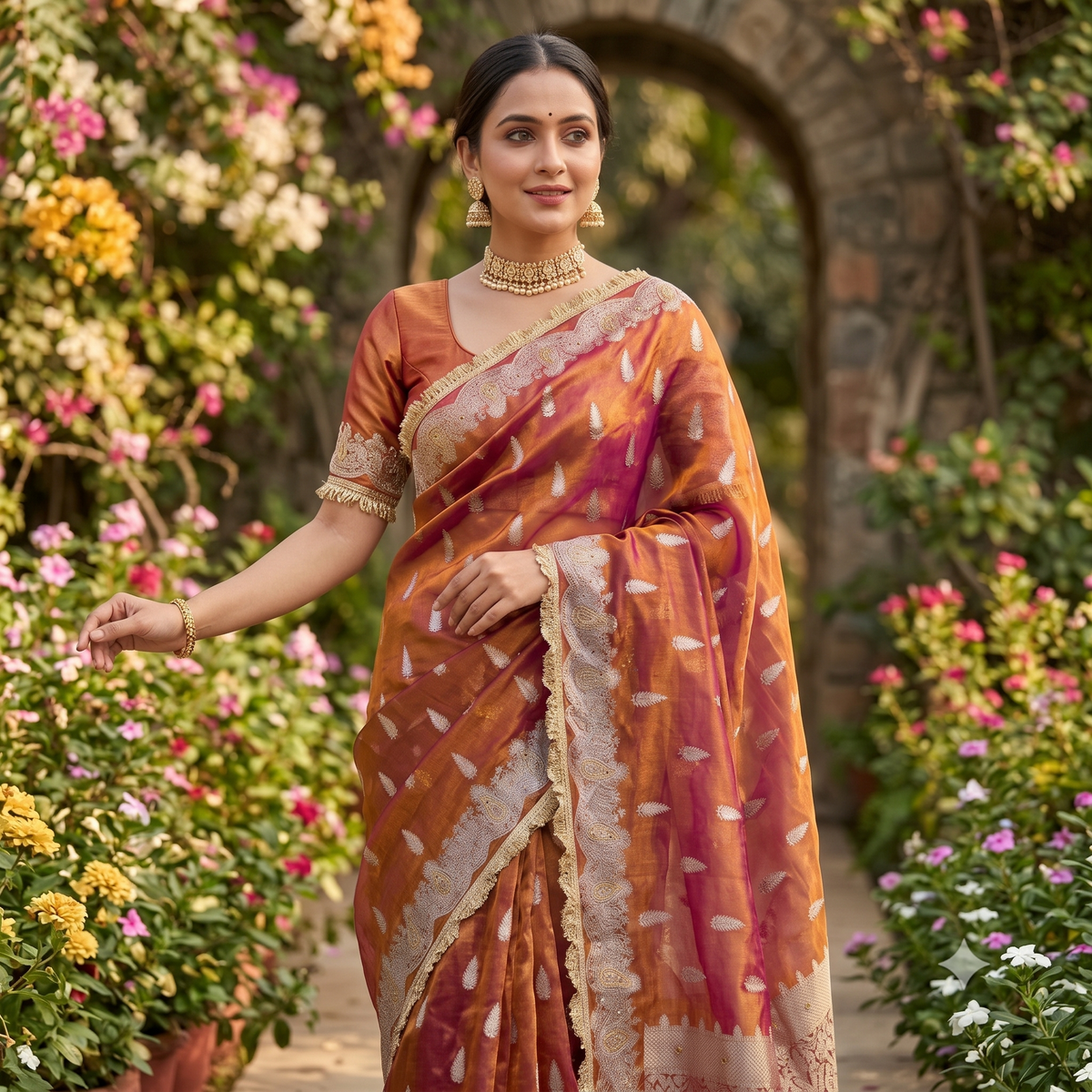 Pink Banarasi Tissue Silk Saree Sparkling Stone Work with Lace Alna Apparels
