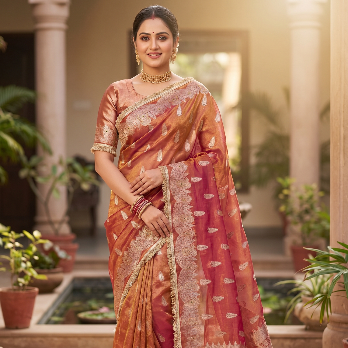 Pink Banarasi Tissue Silk Saree Sparkling Stone Work with Lace Alna Apparels