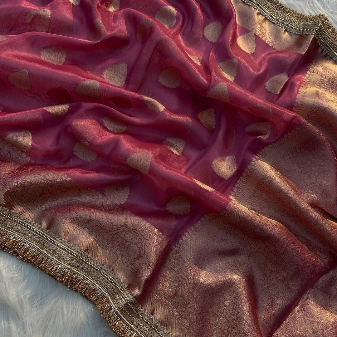 Pink Banarasi Tissue Silk Saree With Lace - Alna Apparels