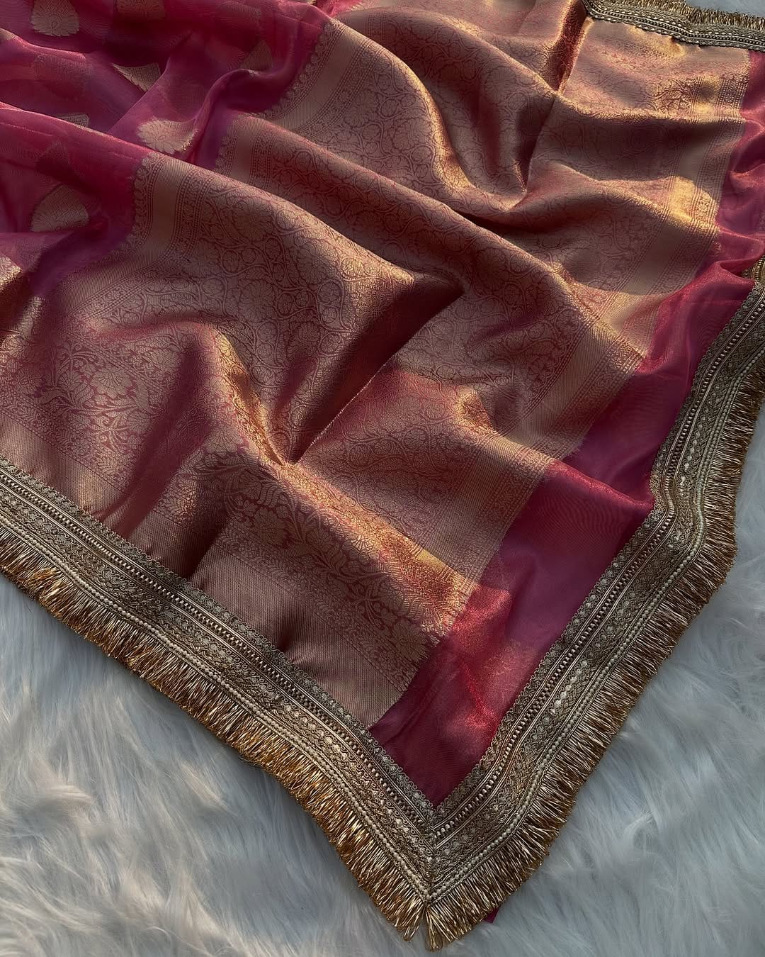 Pink Banarasi Tissue Silk Saree With Lace - Alna Apparels