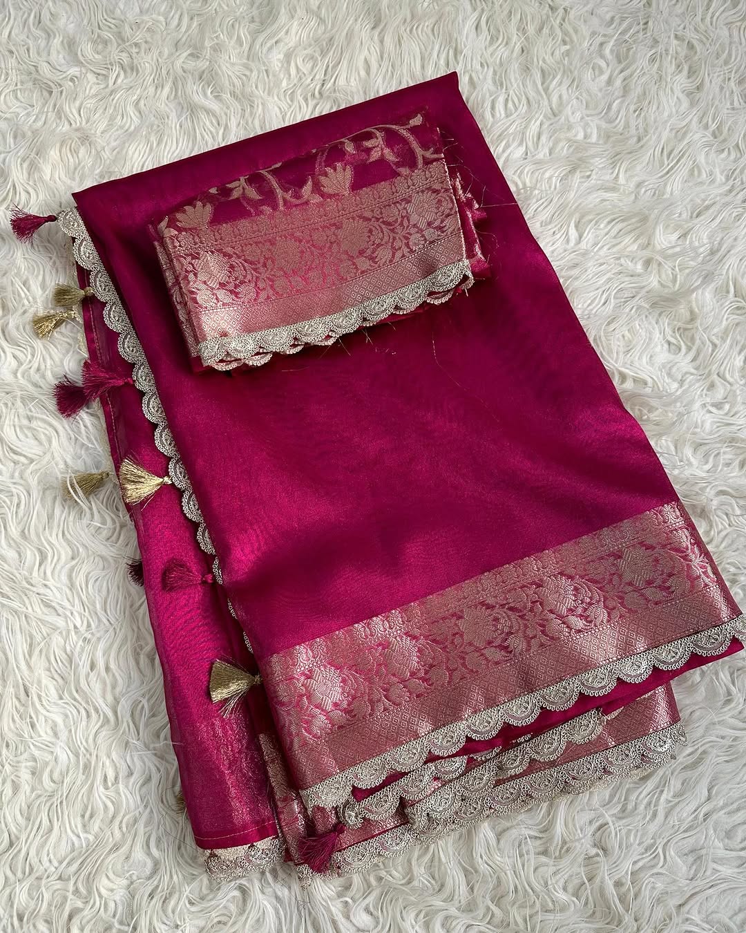 Pink Banarasi Tissue Silk Saree With Lace - Alna Apparels