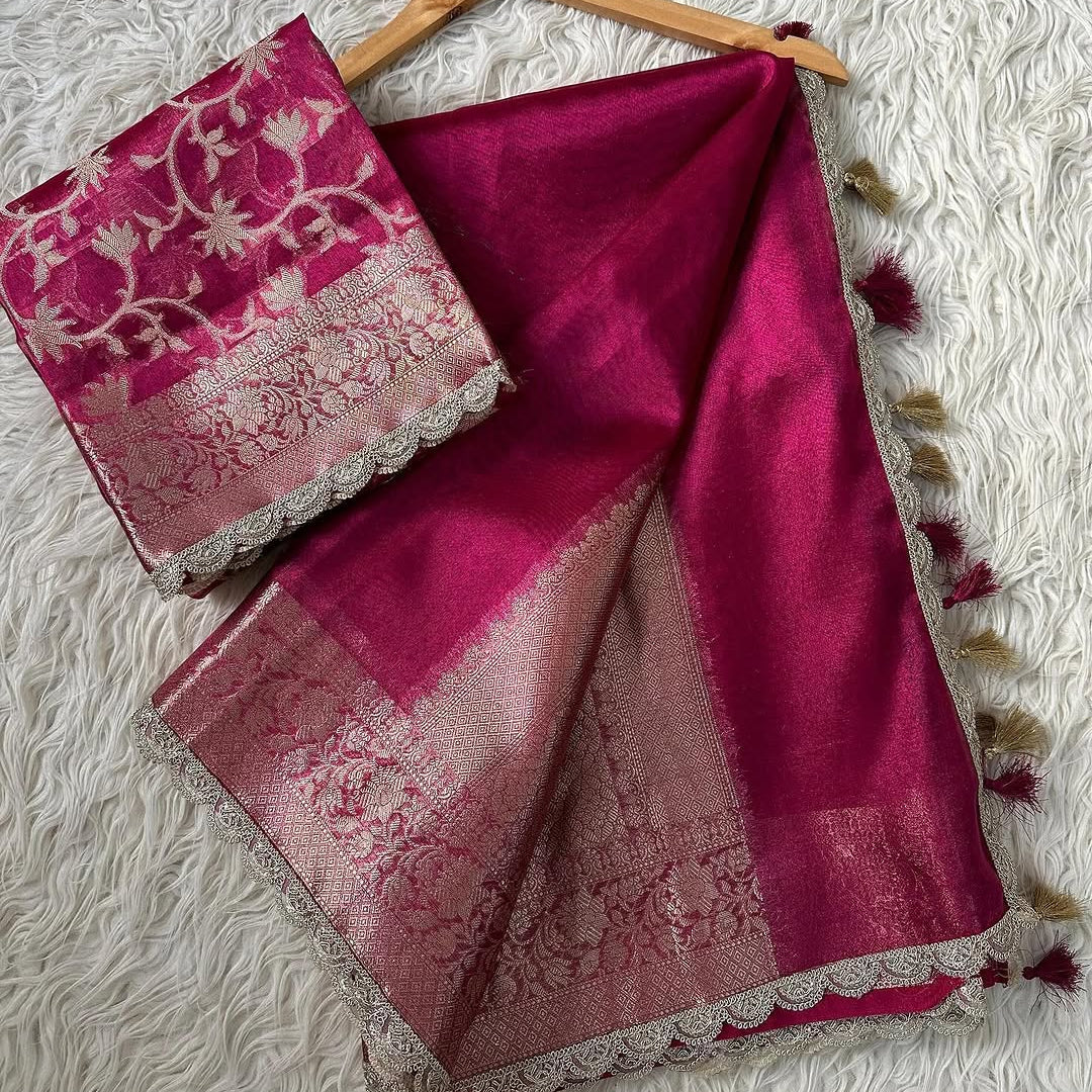 Pink Banarasi Tissue Silk Saree With Lace - Alna Apparels
