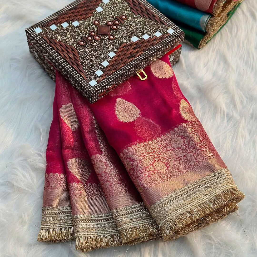 Pink Banarasi Tissue Silk Saree With Lace - Alna Apparels