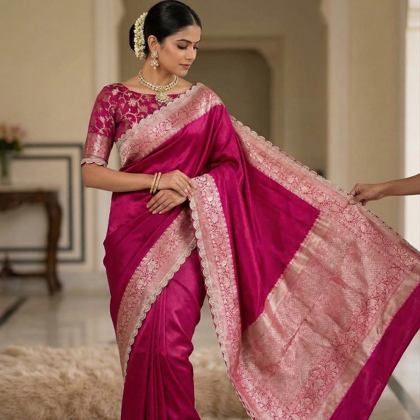 Pink Banarasi Tissue Silk Saree With Lace Alna Apparels