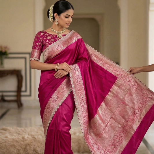 Pink Banarasi Tissue Silk Saree With Lace Alna Apparels