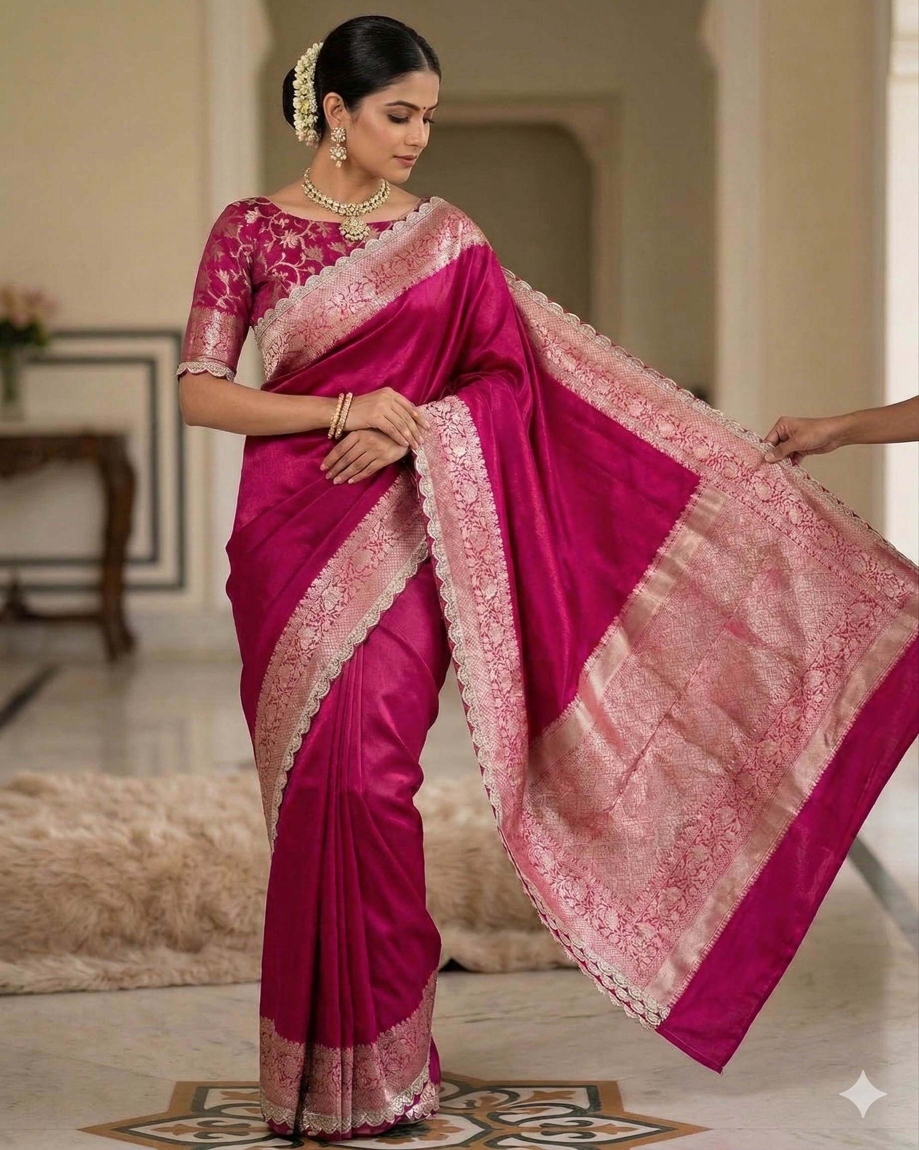 Pink Banarasi Tissue Silk Saree With Lace Alna Apparels