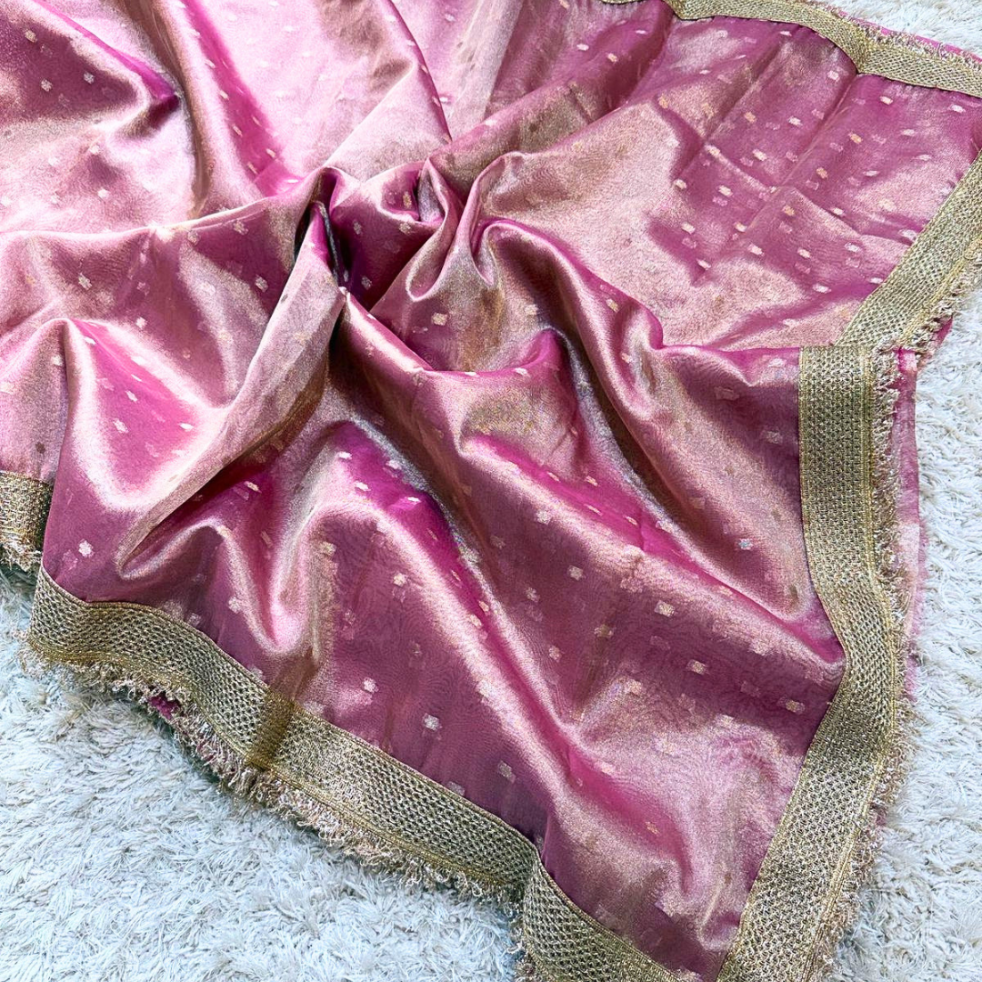 Pink Banarasi Tissue Silk Saree With Lace Work Alna Apparels
