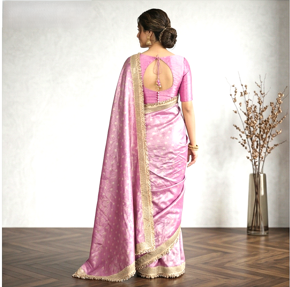 Pink Banarasi Tissue Silk Saree With Lace Work Alna Apparels