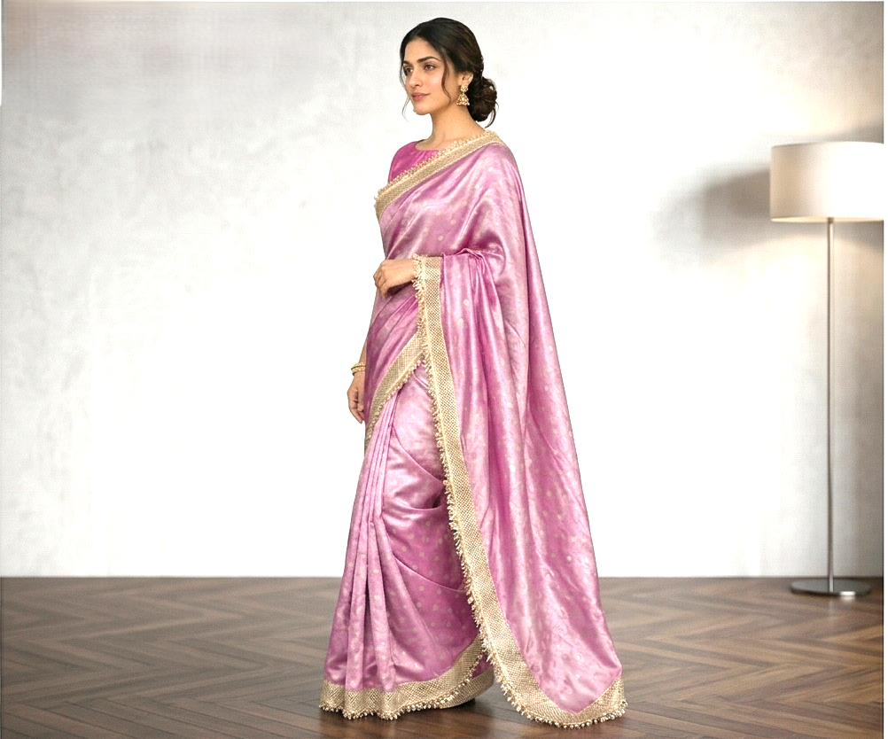 Pink Banarasi Tissue Silk Saree With Lace Work Alna Apparels