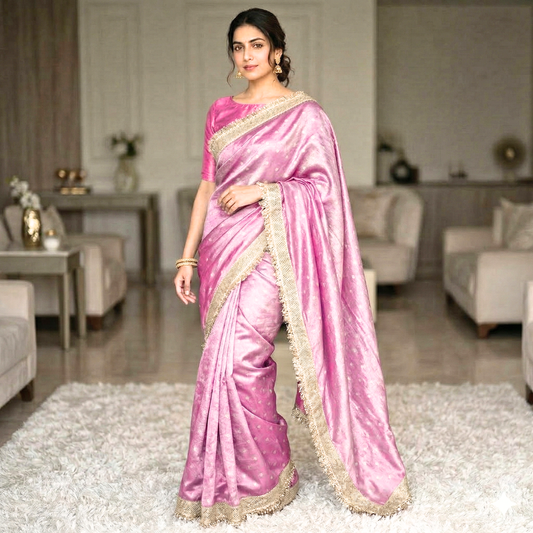 Pink Banarasi Tissue Silk Saree With Lace Work Alna Apparels