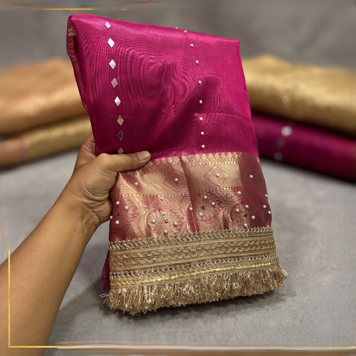 Pink Banarsi Tissue Silk Saree with Lace Work and Mirror Work Alna Apparels