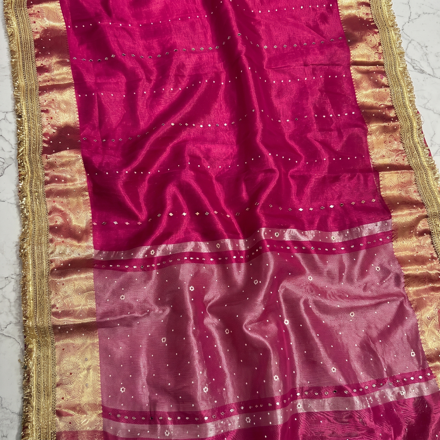 Pink Banarsi Tissue Silk Saree with Lace Work and Mirror Work Alna Apparels