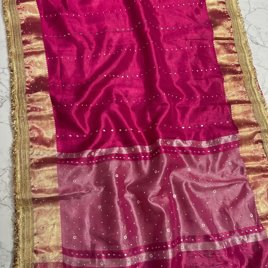 Pink Banarsi Tissue Silk Saree with Lace Work and Mirror Work Alna Apparels
