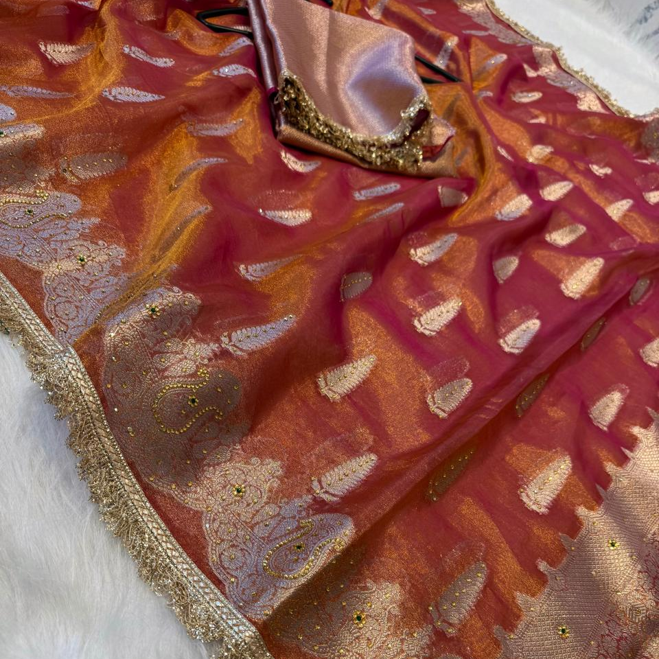 Pink Banarasi Tissue Silk Saree Sparkling Stone Work with Lace Alna Apparels
