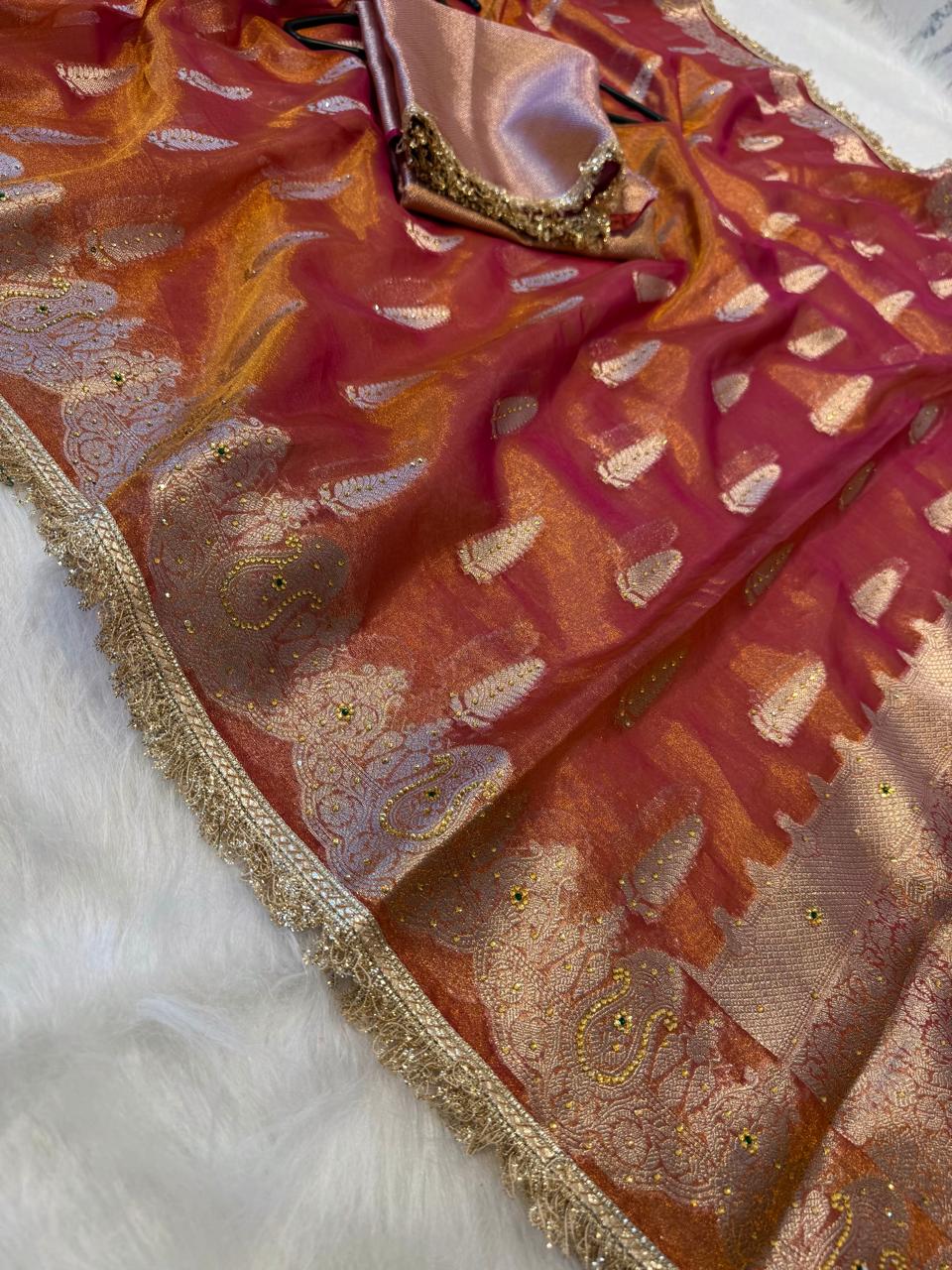 Pink Banarasi Tissue Silk Saree Sparkling Stone Work with Lace Alna Apparels