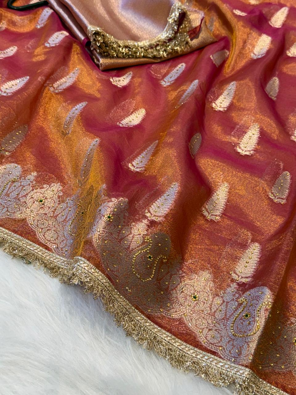 Pink Banarasi Tissue Silk Saree Sparkling Stone Work with Lace Alna Apparels
