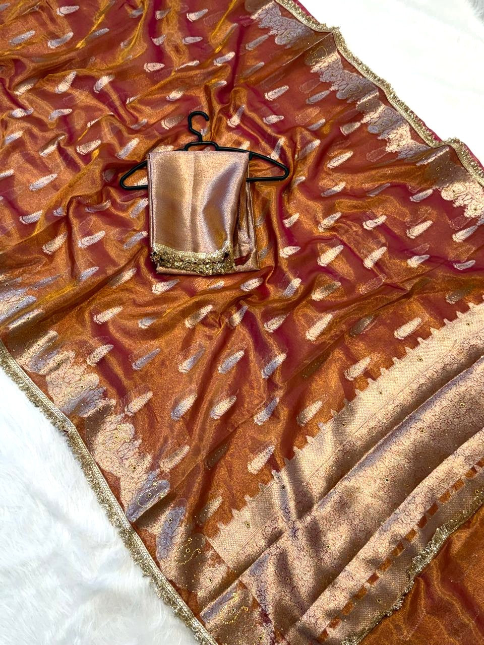 Pink Banarasi Tissue Silk Saree Sparkling Stone Work with Lace Alna Apparels