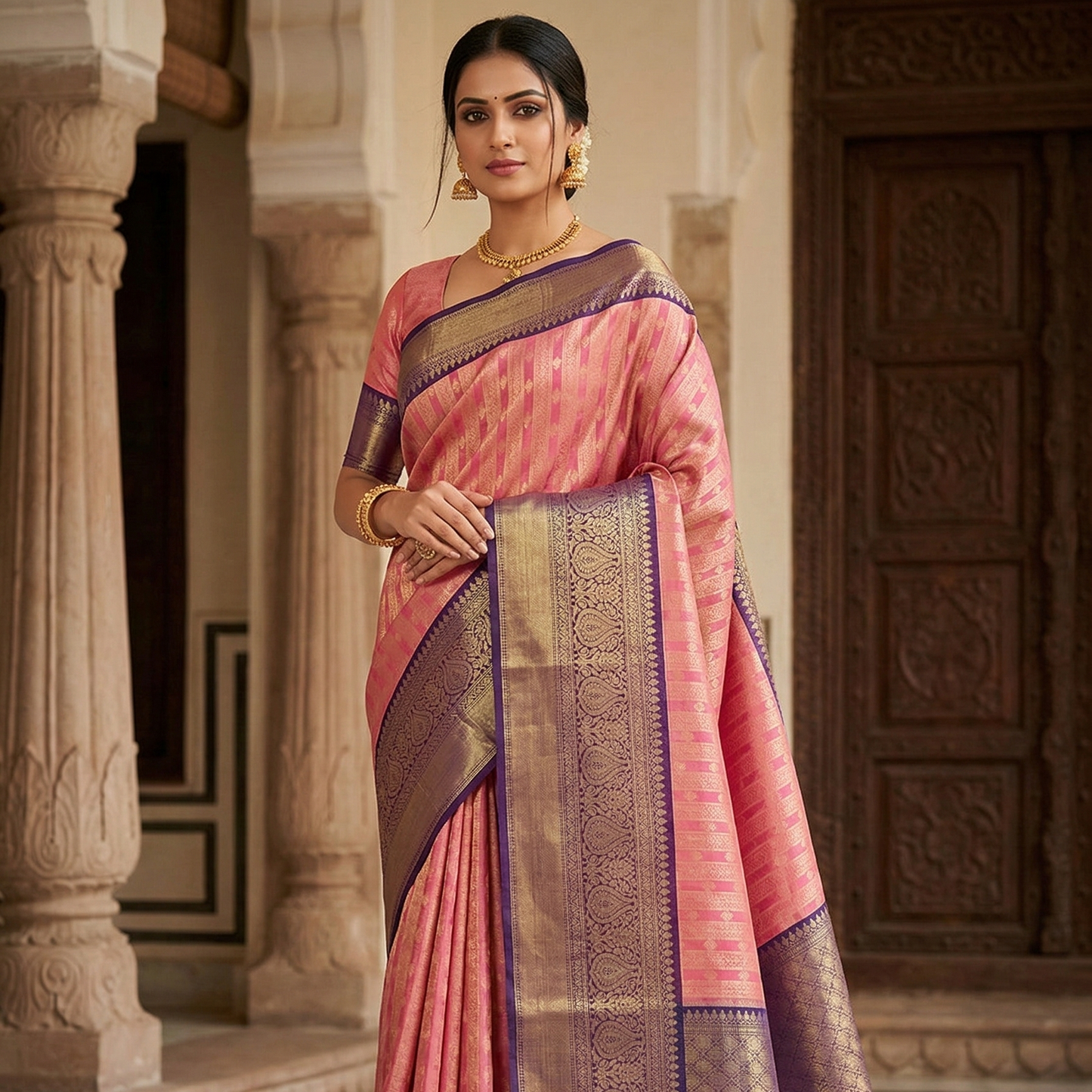 Pink Banarasi Tissue  Soft Silk Saree Alna Apparels