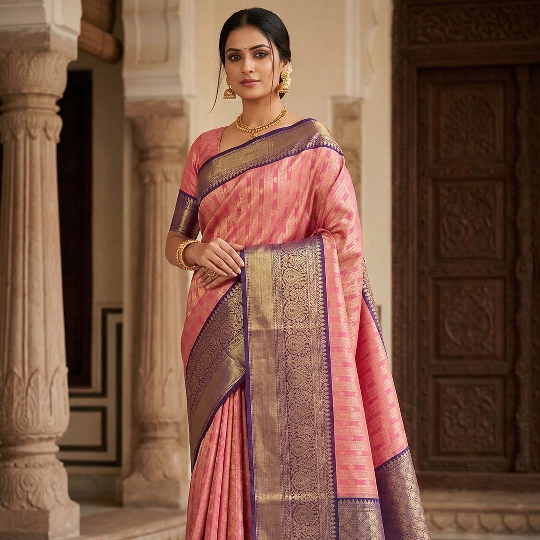Pink Banarasi Tissue  Soft Silk Saree Alna Apparels