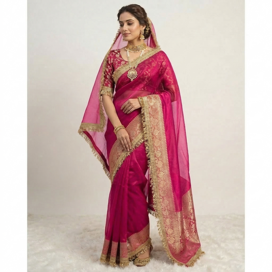 Pink Banarasi Tissue Soft Silk saree With Lace Work Alna Apparels
