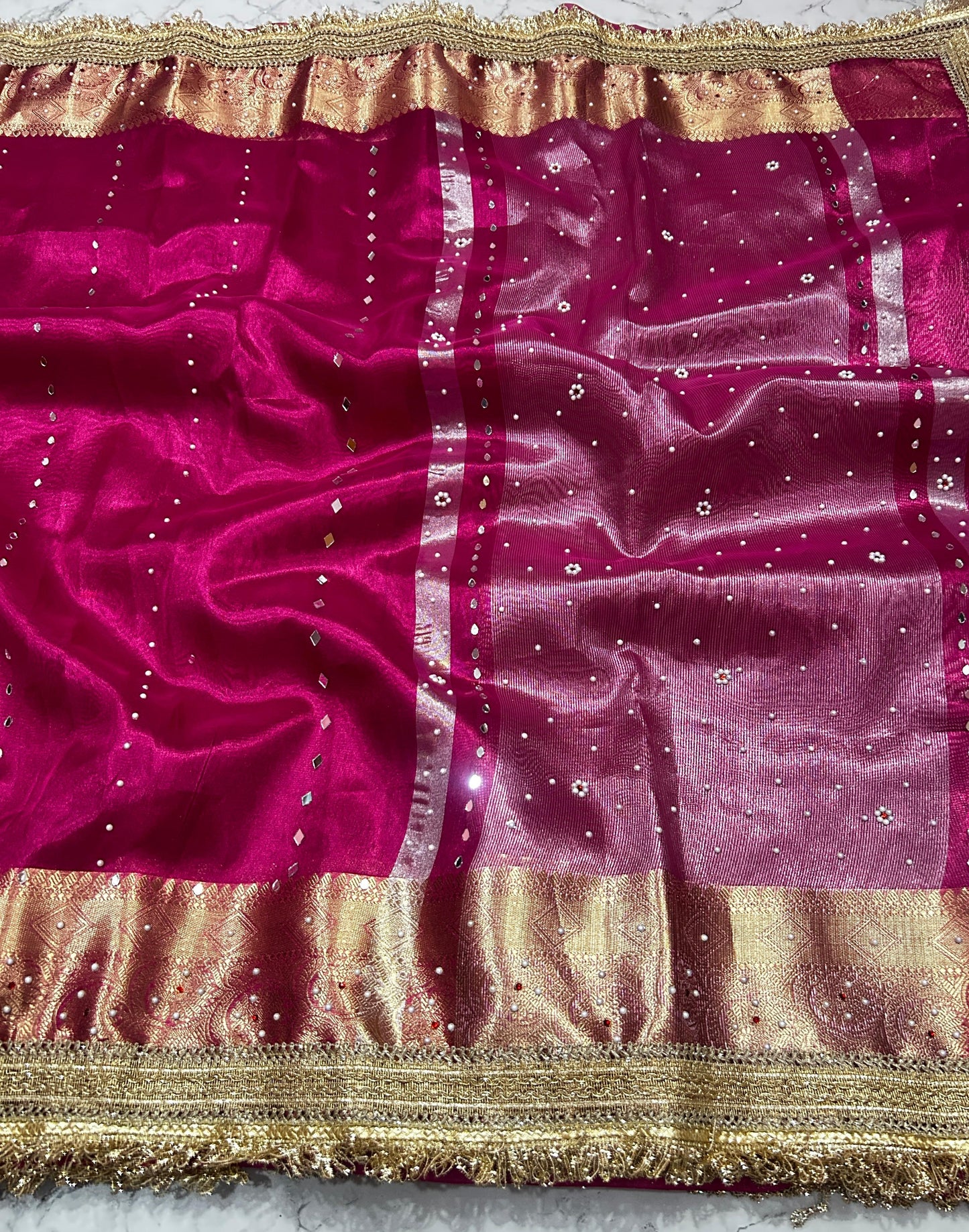 Pink Banarsi Tissue Silk Saree with Lace Work and Mirror Work Alna Apparels