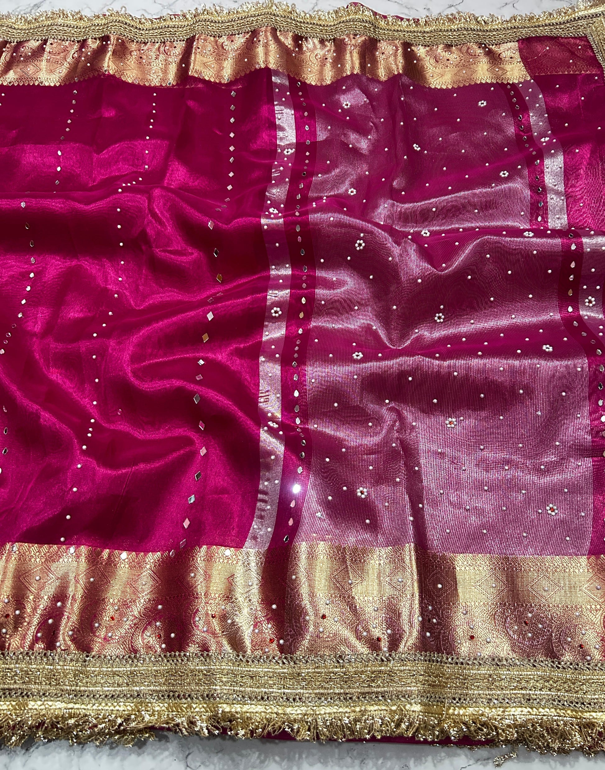 Pink Banarsi Tissue Silk Saree with Lace Work and Mirror Work Alna Apparels