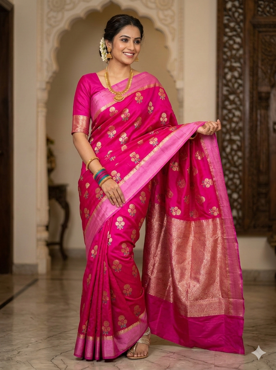 Pink Color Banarasi Kathan Soft Silk Saree Alna Apparels