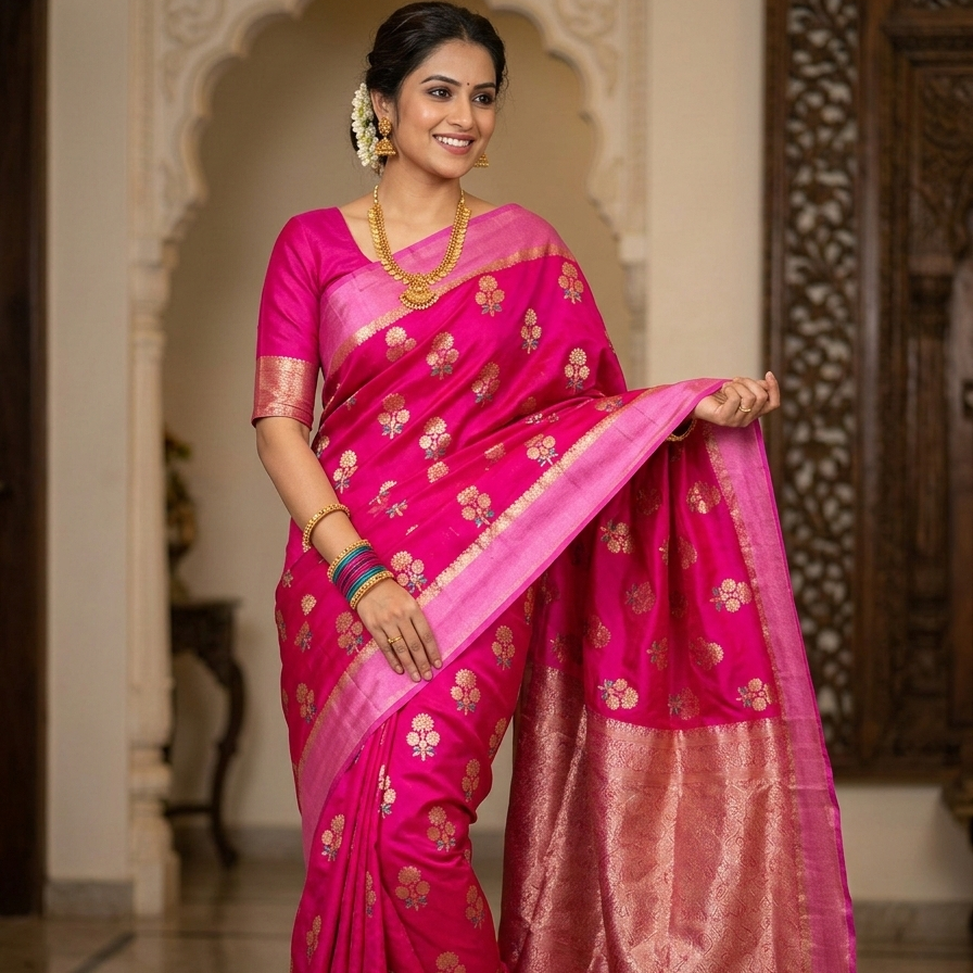 Pink Color Banarasi Kathan Soft Silk Saree Alna Apparels