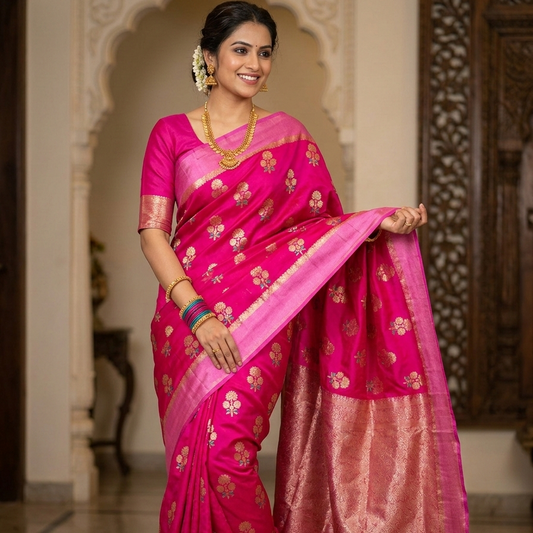 Pink Color Banarasi Kathan Soft Silk Saree Alna Apparels