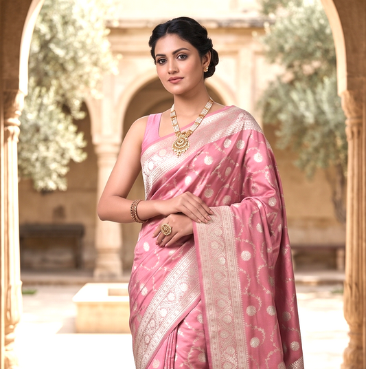 Pink Color Banarasi Mashru Silk Saree Alna Apparels