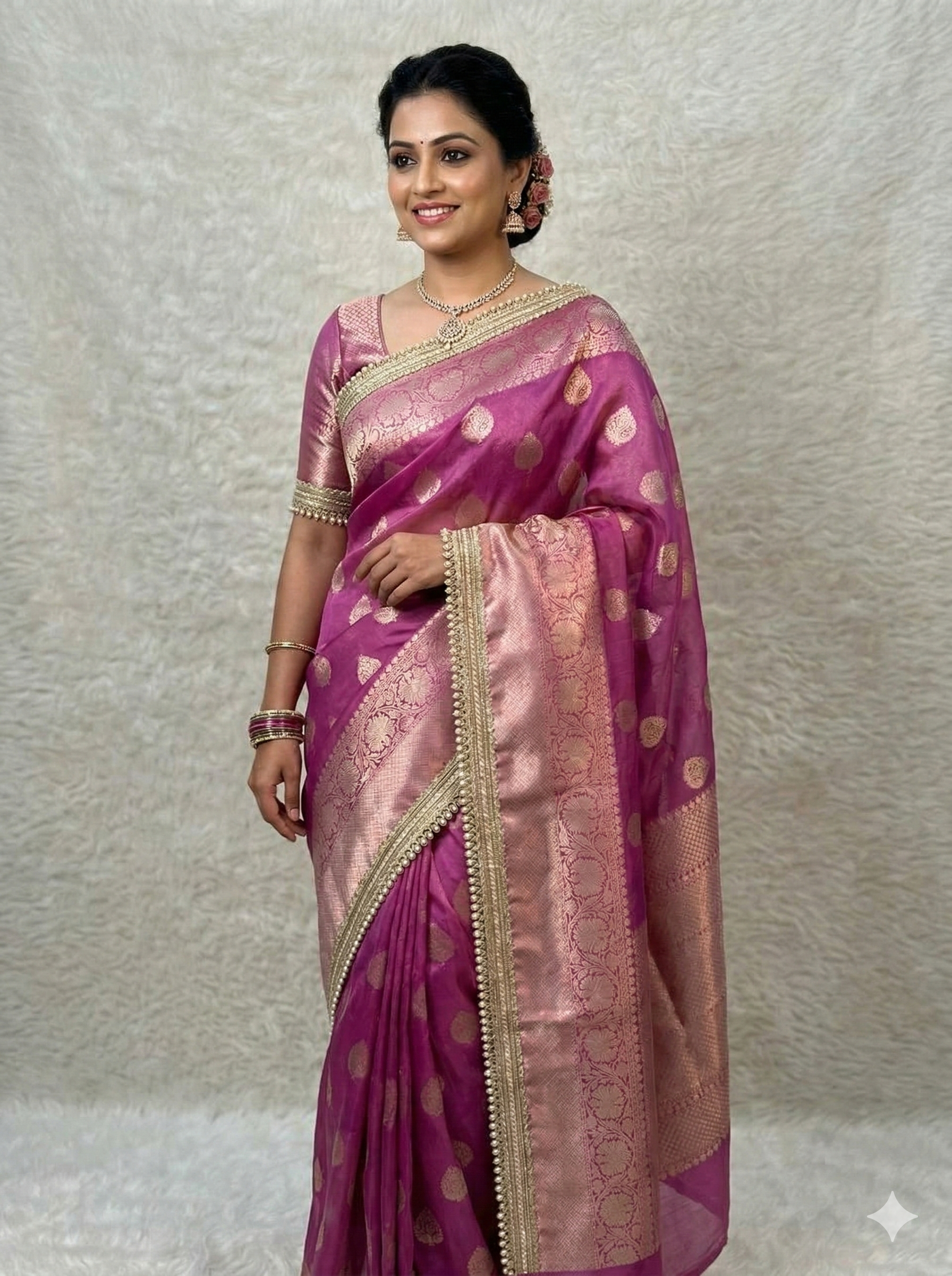 Pink Color Banarasi Tissue Silk Saree With Lace Work Alna Apparels