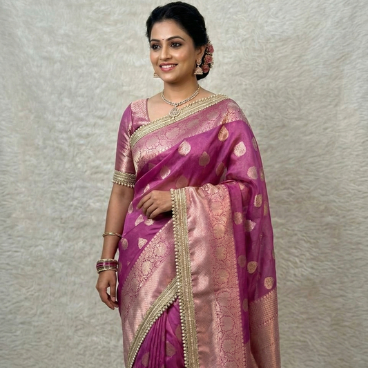 Pink Color Banarasi Tissue Silk Saree With Lace Work Alna Apparels