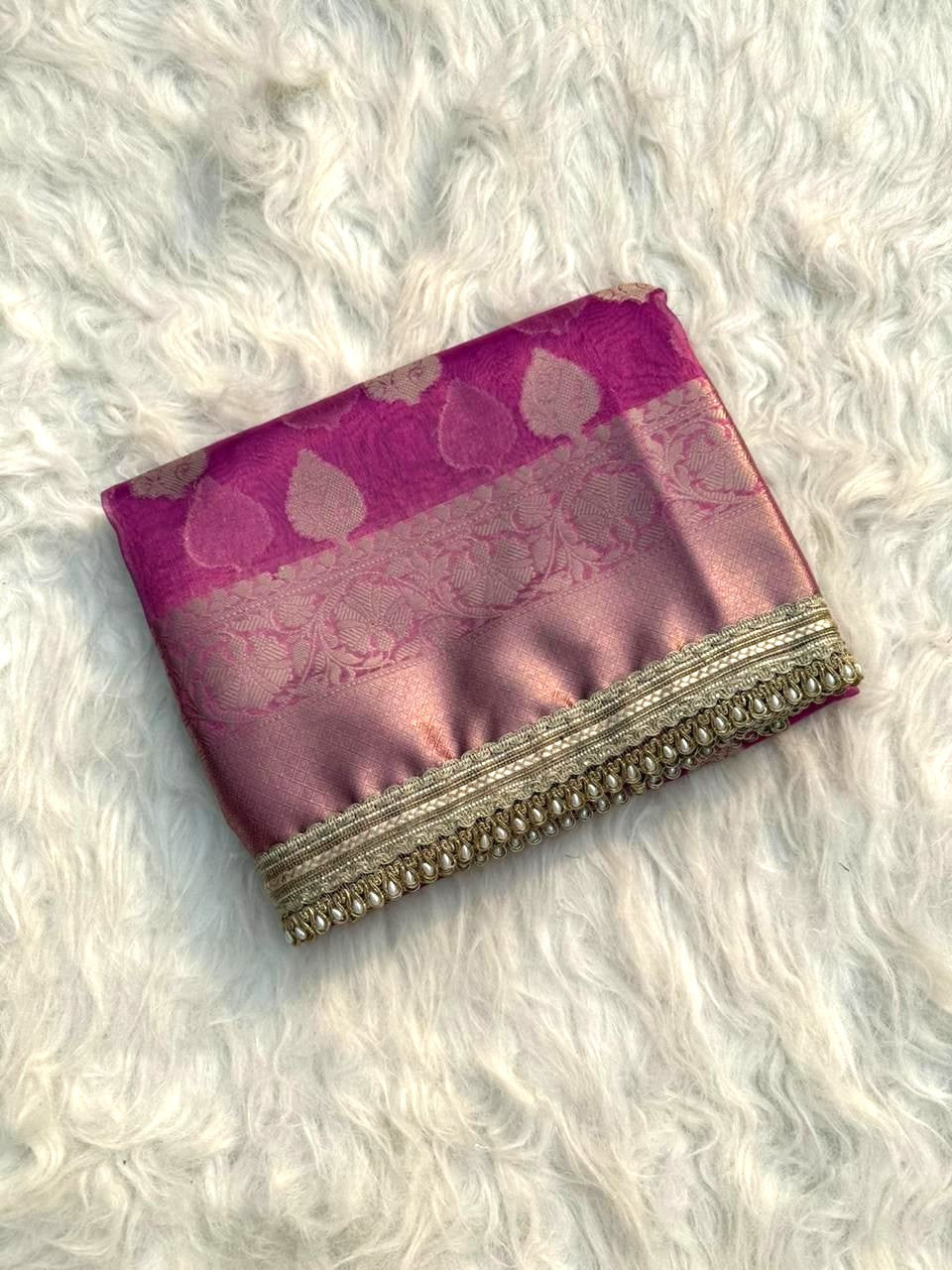 Pink Color Banarasi Tissue Silk Saree With Lace Work Alna Apparels
