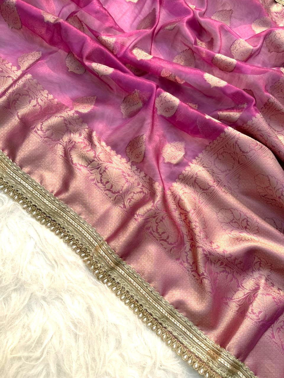 Pink Color Banarasi Tissue Silk Saree With Lace Work Alna Apparels