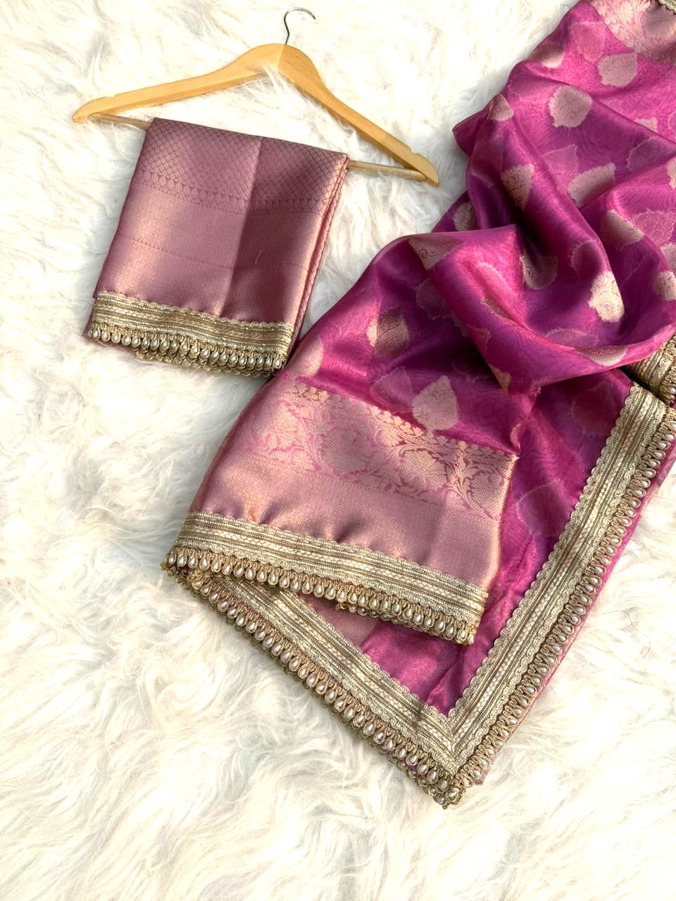 Pink Color Banarasi Tissue Silk Saree With Lace Work Alna Apparels
